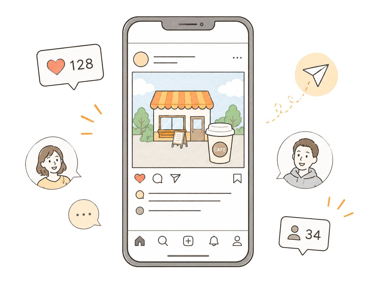 スマートフォンでSNSを表示したイラスト