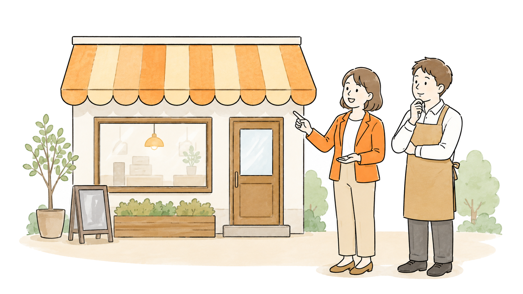 店舗の前で状況を確認するイラスト